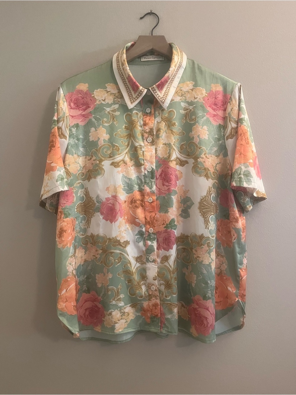 Floral Short-Sleeve Button-Down Shirt in Sage Green and Peach